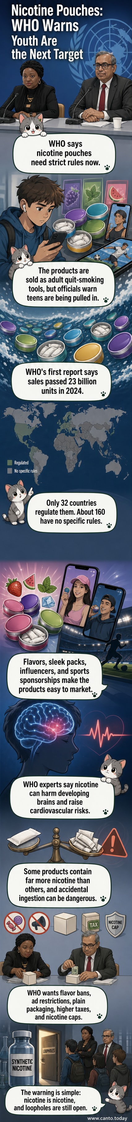 Illustration of a WHO official speaking at a press conference, with a backdrop showing rising nicotine pouch sales and youth using flavored pouches.
