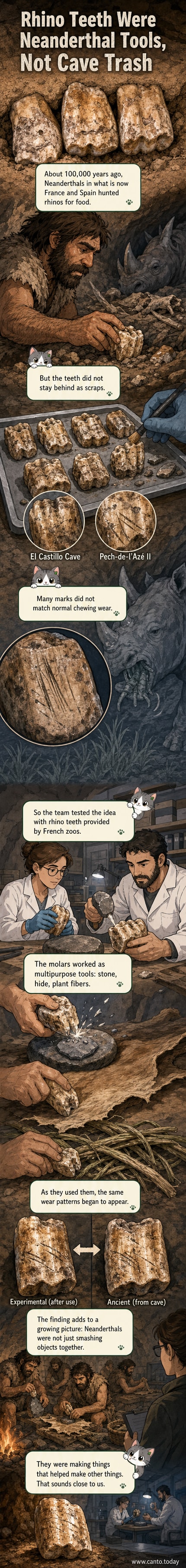 An illustrated scene showing Neanderthals crafting tools from rhino teeth in a prehistoric cave setting, with close-ups of worn molars and stone implements.