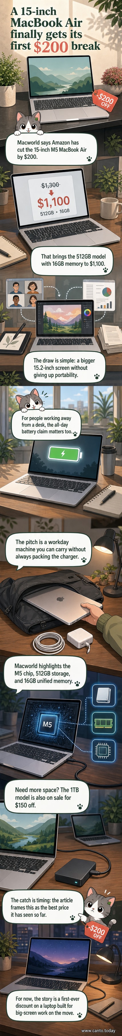 Illustration of a 15-inch M5 MacBook Air with price tag showing $1,100, down from $1,300, displayed on a clean desk setup.