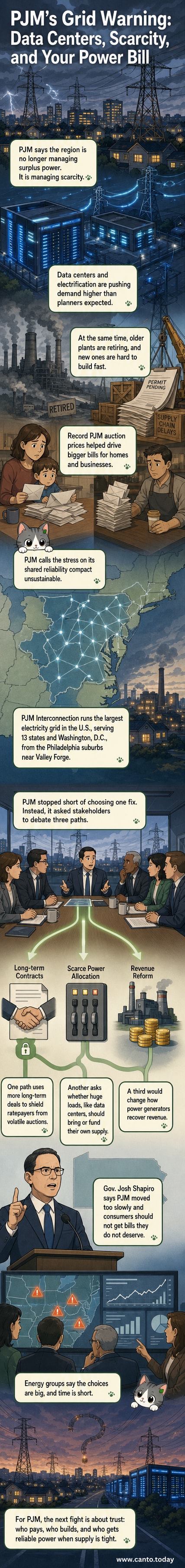 Illustration of a power grid under strain, with data centers drawing heavy load and older power plants shutting down, while question marks hover over three reform paths.