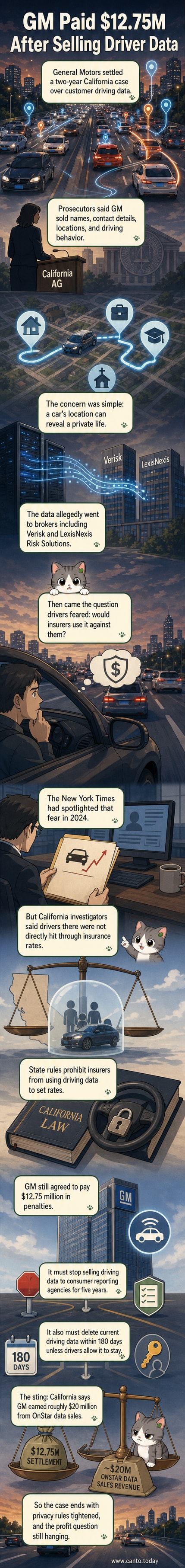 Illustration of a car dashboard glowing with data points, connected by lines to corporate logos and a locked vault labeled 'Privacy Program'.
