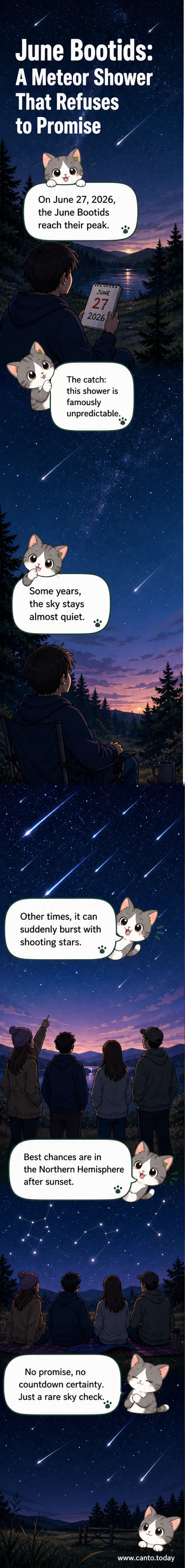 Night sky illustration showing streaking meteors above a dark landscape with constellation Bootes highlighted.