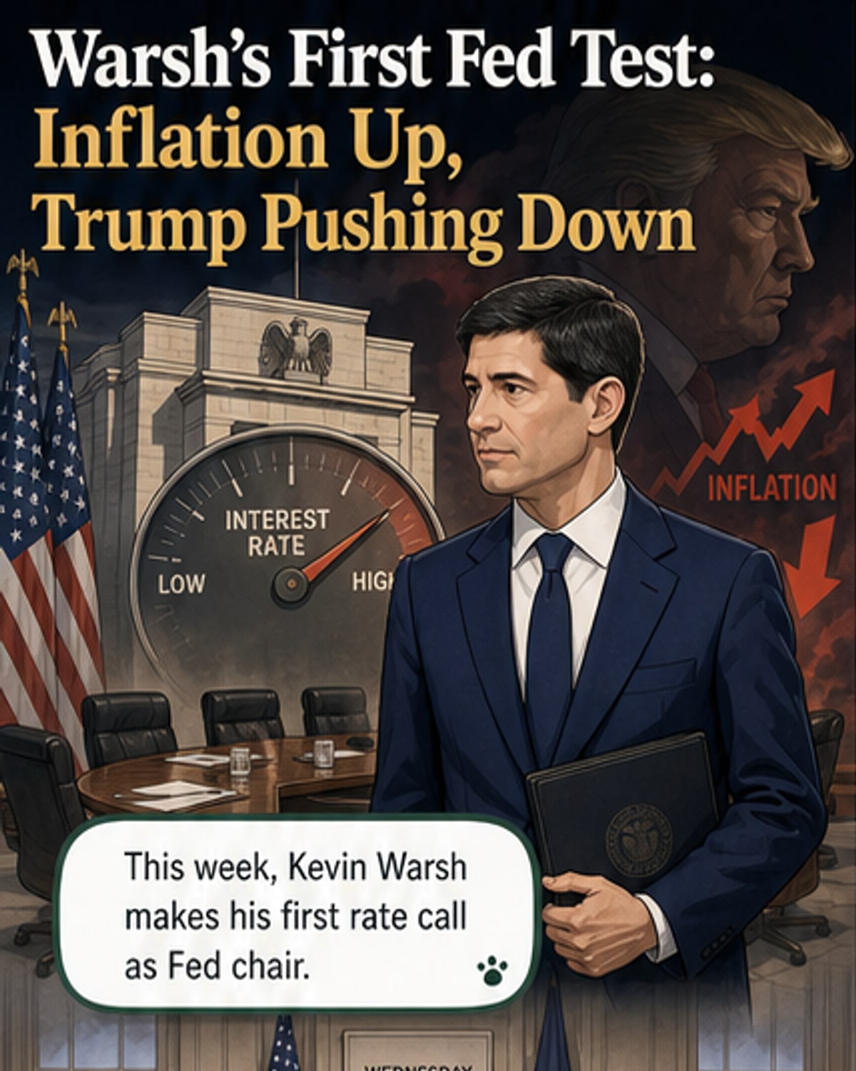 Illustration of a central banker at a podium with inflation charts and political headlines in the background.