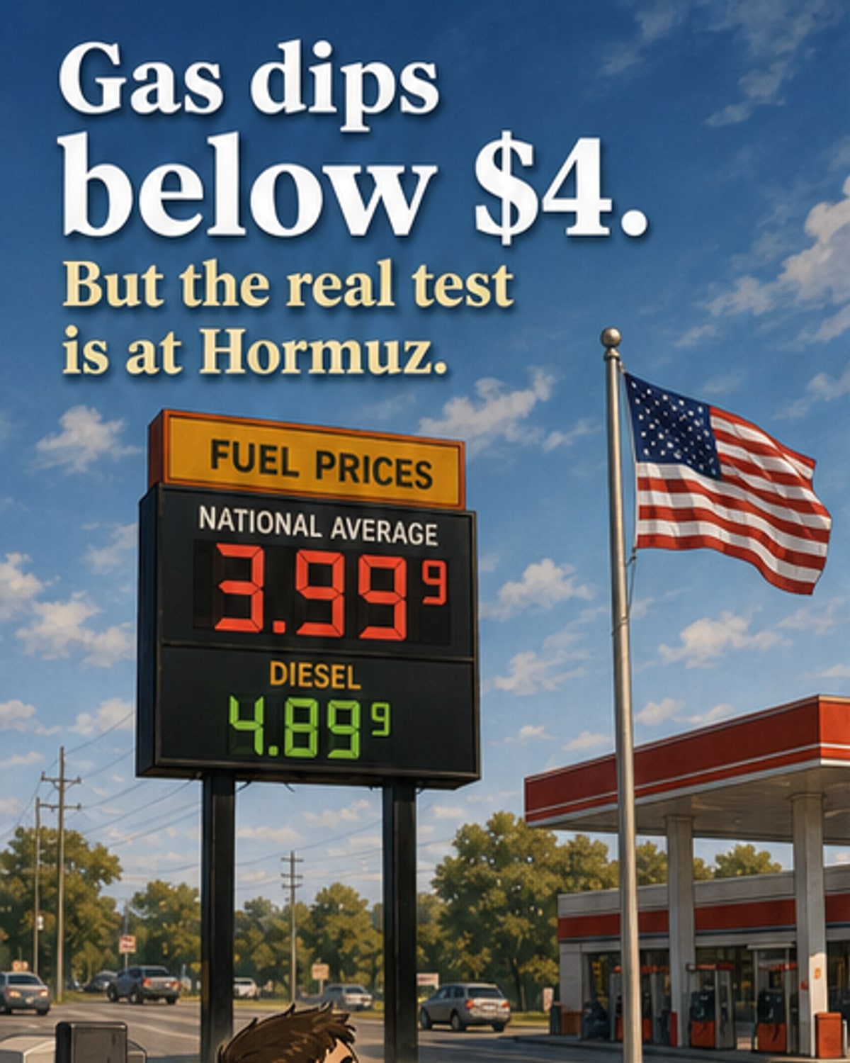 Illustration of a gas pump showing a price below $4, with oil tankers moving toward the Strait of Hormuz in the background