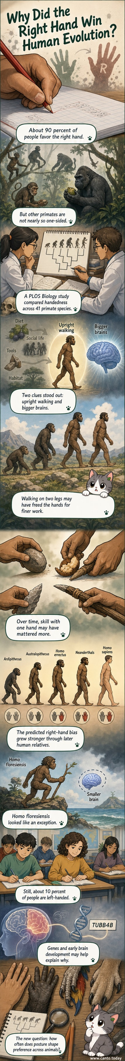 Illustration showing human evolution from early hominins to modern humans, highlighting the shift to upright walking and increasing brain size alongside growing right-hand dominance.