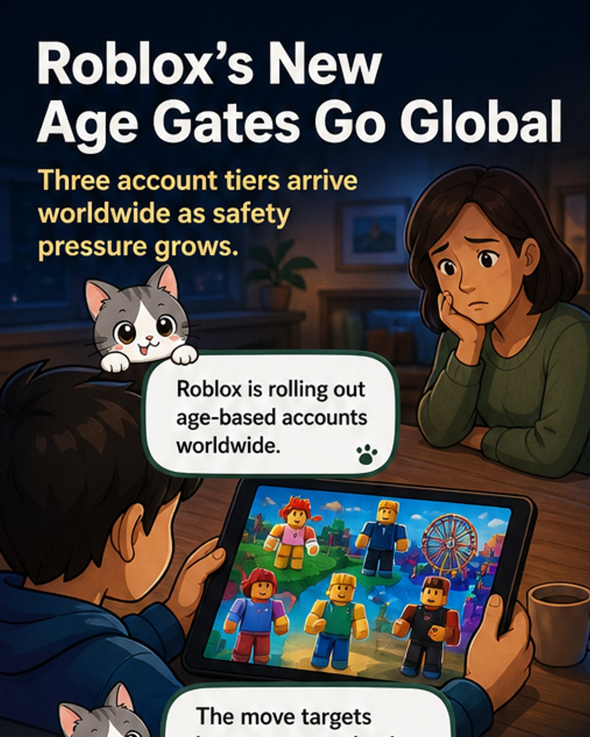 A split-screen illustration showing three Roblox avatars: a young child in a 'Kids' zone, a teen in a 'Select' zone, and an older user in a 'Standard' zone, with shield icons indicating different privacy levels.