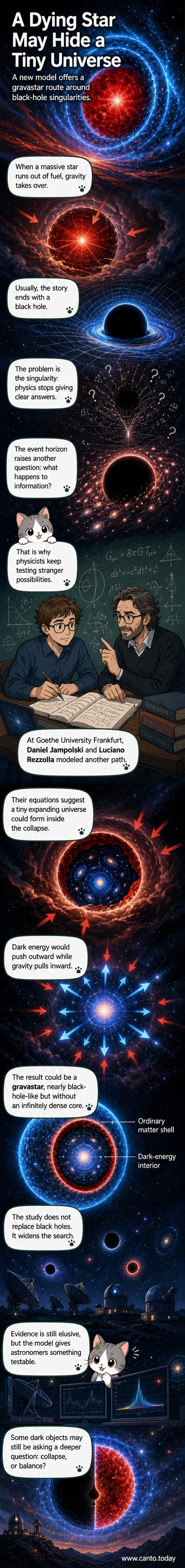 Illustration of a collapsing star forming a gravastar with a dark energy core and internal expansion, contrasting with a traditional black hole.