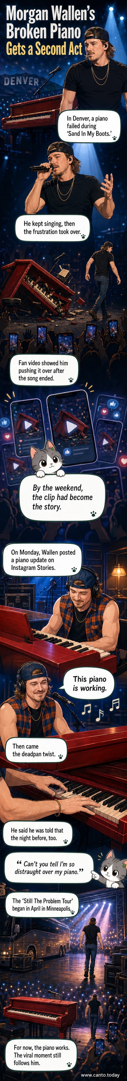 Morgan Wallen stands beside a red piano wearing a flannel shirt and baseball cap, smiling as he jokes about its functionality in an Instagram video.