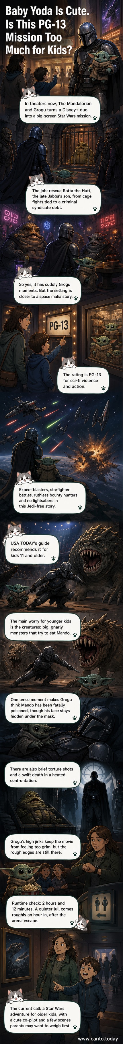 A still from 'The Mandalorian and Grogu' showing Din Djarin holding Grogu, with a dark, alien cityscape in the background and a faint glow from a distant explosion.