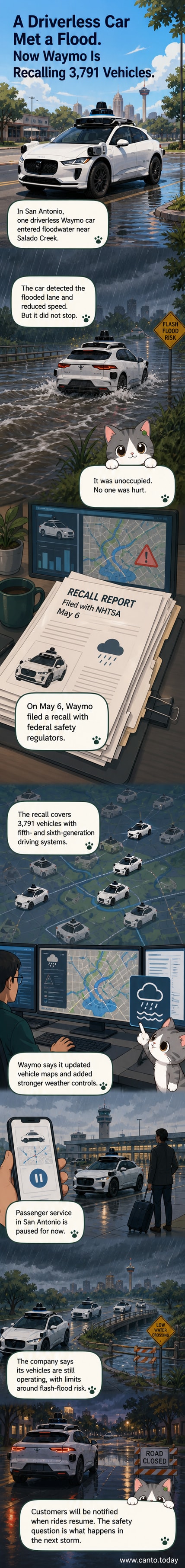 A Waymo autonomous vehicle drives down a wet city street, with floodwaters visible at the roadside and dark clouds overhead.