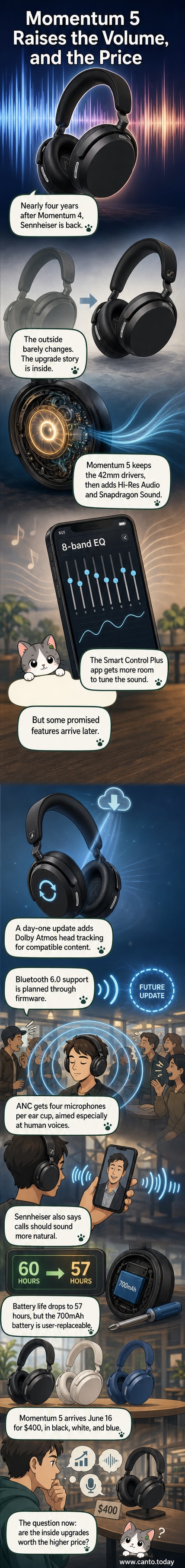 Sennheiser Momentum 5 Wireless headphones in black, white, and blue, displayed on a minimalist background with soundwave overlay indicating audio enhancement.