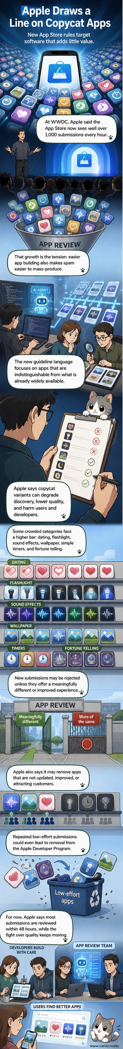 A stylized Apple App Store interface showing a 'Rejected' stamp over a row of generic-looking app icons like a flashlight, a timer, and a fortune teller.