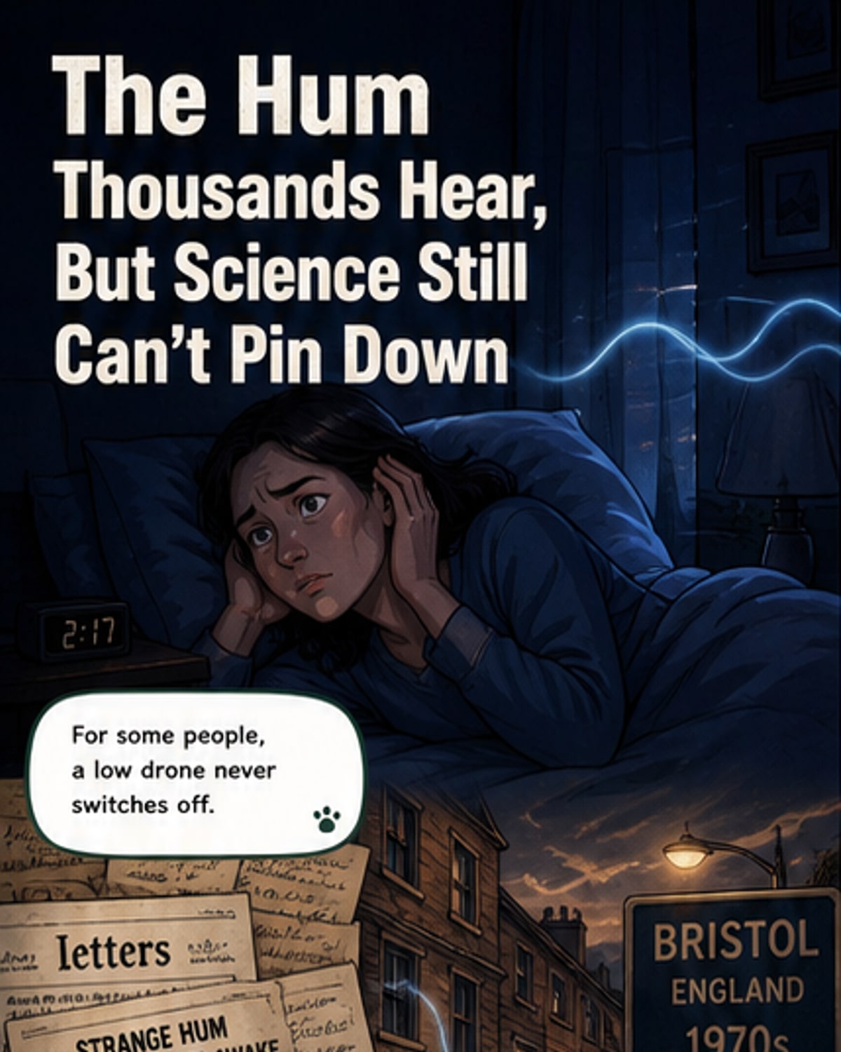 Illustration of a person listening to a faint, glowing hum in a quiet bedroom at night, with sound waves subtly pulsing through walls.