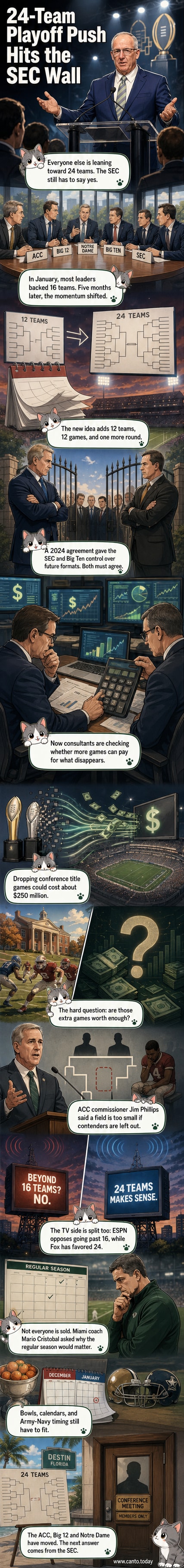 Illustrated panel showing a football field with a giant scale balancing conference championship trophies against a 24-team playoff bracket, with SEC logo on one side.