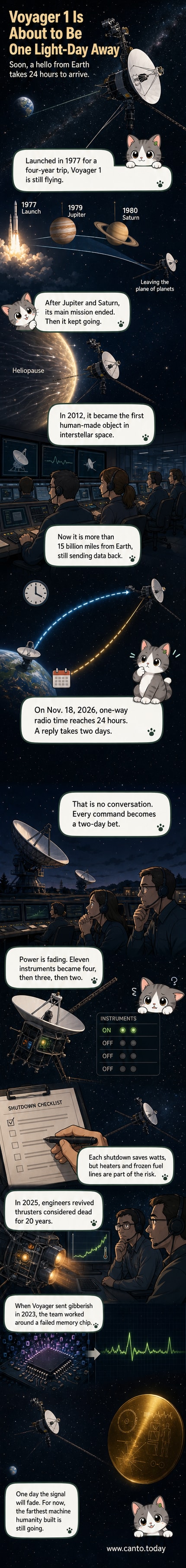 Illustration of Voyager 1 in deep space, antenna pointed toward Earth, with a timeline showing key milestones from 1977 to 2026 and beyond.