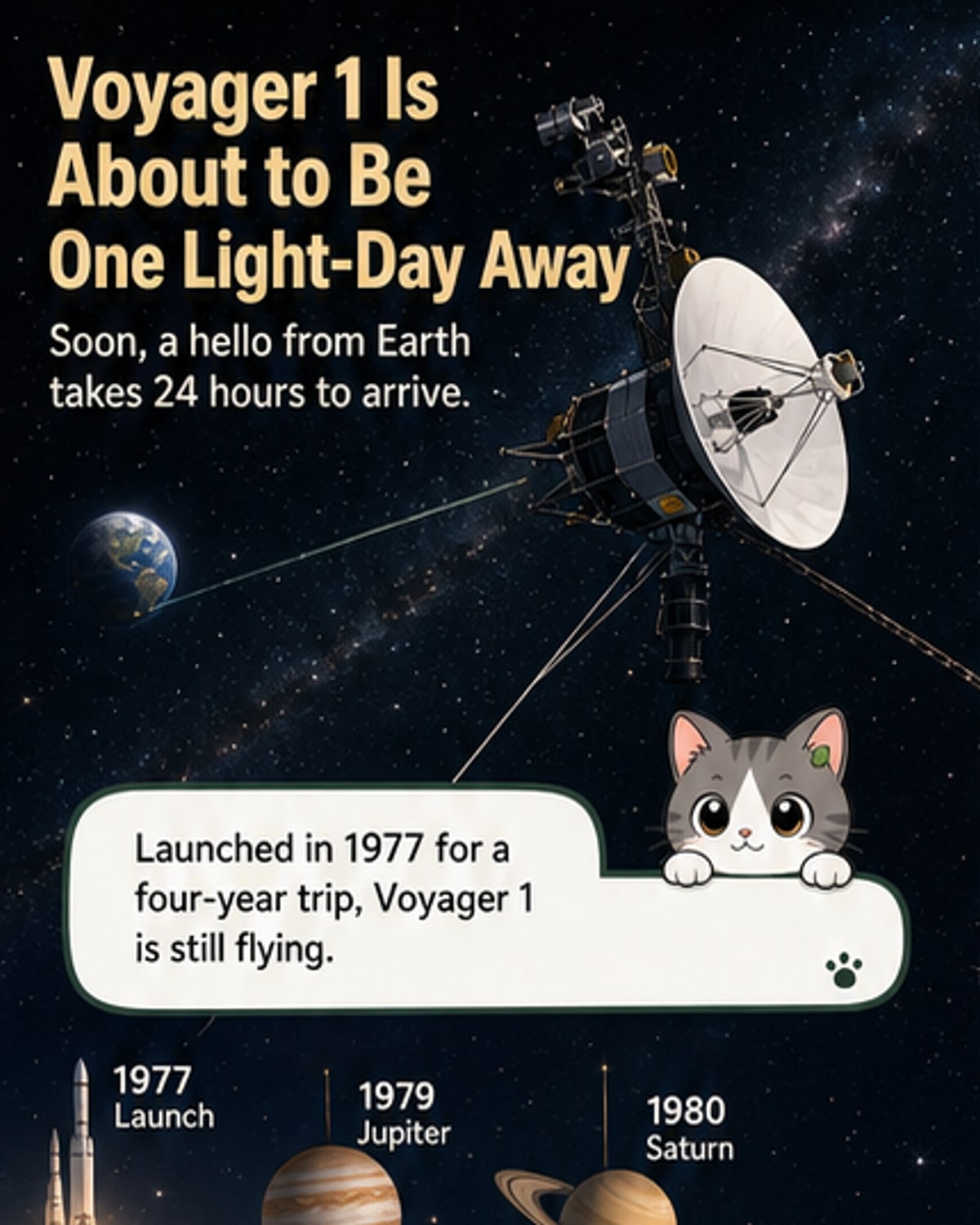 Illustration of Voyager 1 in deep space, antenna pointed toward Earth, with a timeline showing key milestones from 1977 to 2026 and beyond.