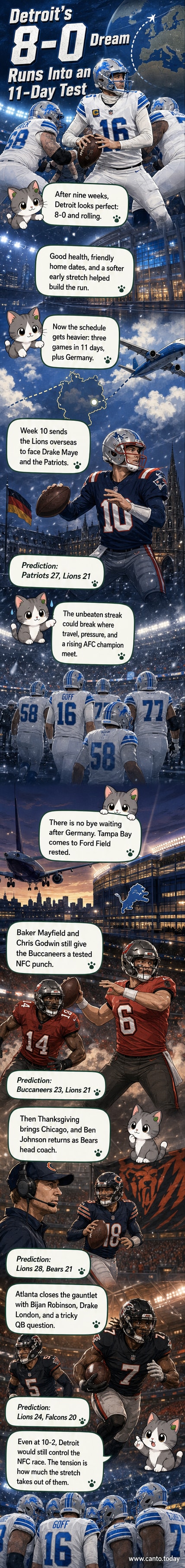 Illustrated panel of a Detroit Lions player in mid-air during a game, with a split background showing a packed Ford Field and a distant German stadium under overcast skies.