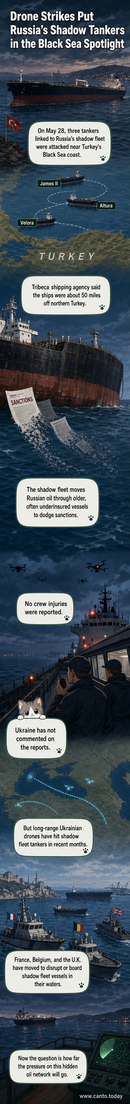 Three oil tankers on fire in the Black Sea after drone strikes, with a Ukrainian drone flying in the distance under a cloudy sky.
