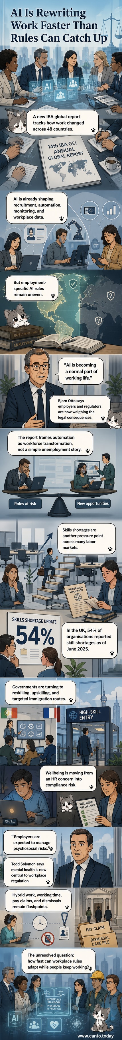 Illustration of a diverse office with AI interfaces, mental health icons, and skill shortage graphs, symbolizing modern workplace challenges.