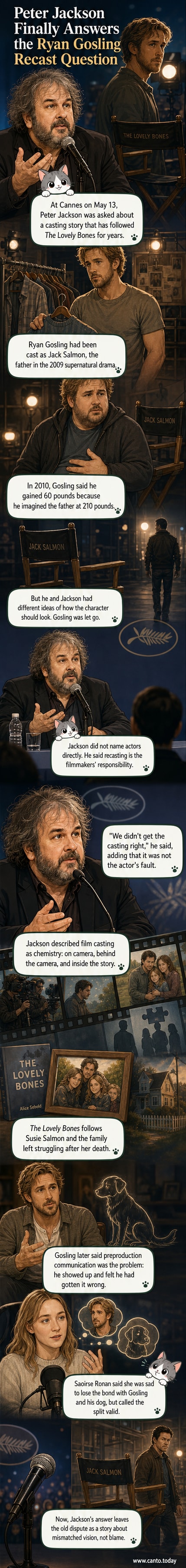 Illustration of Peter Jackson and Ryan Gosling on a film set, with a script titled 'The Lovely Bones' between them, symbolizing a creative divergence.