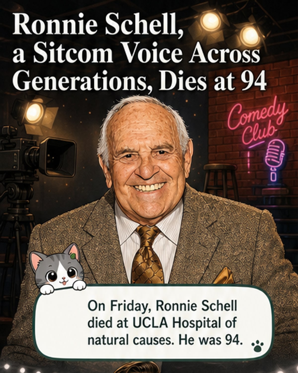 Black-and-white photo of Ronnie Schell smiling in a suit, from his time on 'Good Morning World,' with a subtle overlay of his voice characters in cartoon form.