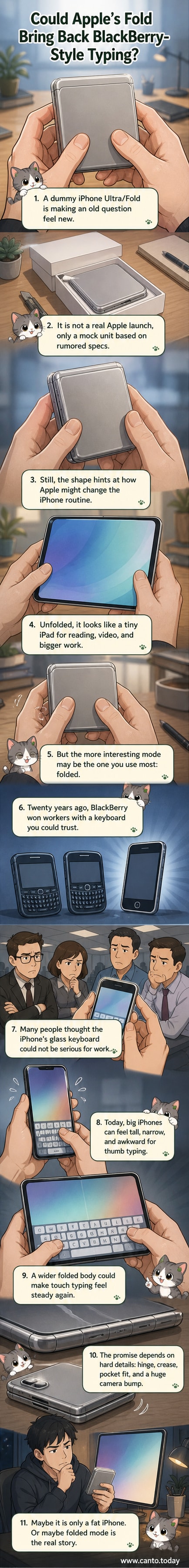 Illustration of a foldable iPhone in a wide, compact form resembling a passport, next to a vintage BlackBerry for size comparison, with a hand typing on the screen.