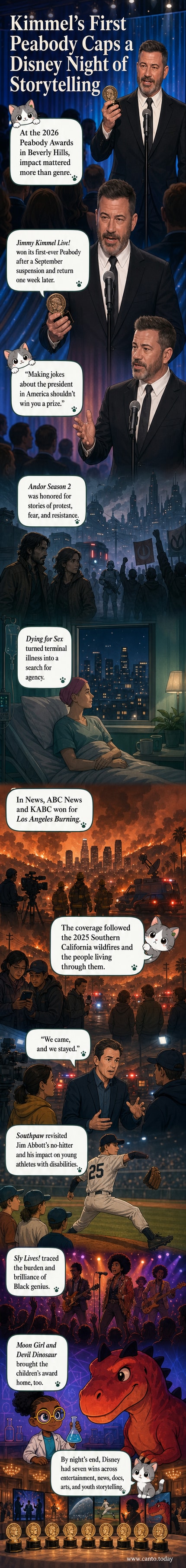 A collage of Peabody Award winners: Jimmy Kimmel on stage, the 'Andor' series logo, ABC News coverage of LA fires, and the 'Moon Girl' animated characters.