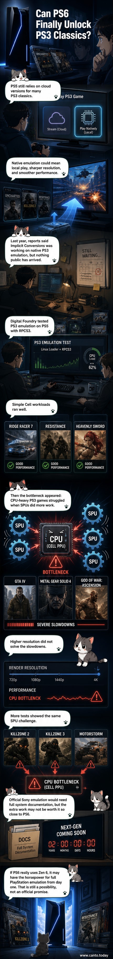 Illustration of a PlayStation 6 console powering up a timeline of PlayStation systems, with PS3 games running smoothly on screen.