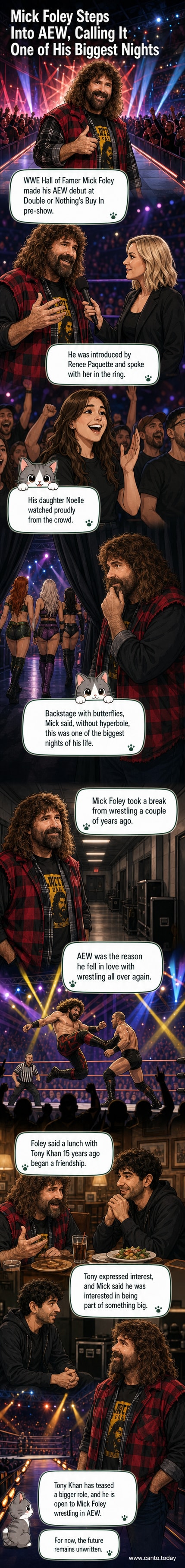 Mick Foley stands in the ring at AEW Double or Nothing, wearing his signature Crystal Gayle shirt, with crowd cheering in the background.