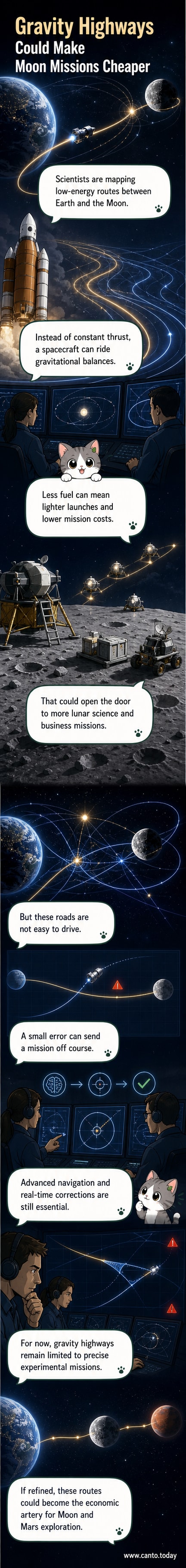 An illustrated cosmic corridor winding through space, connecting Earth and the Moon with glowing gravitational pathways, stars in the background.