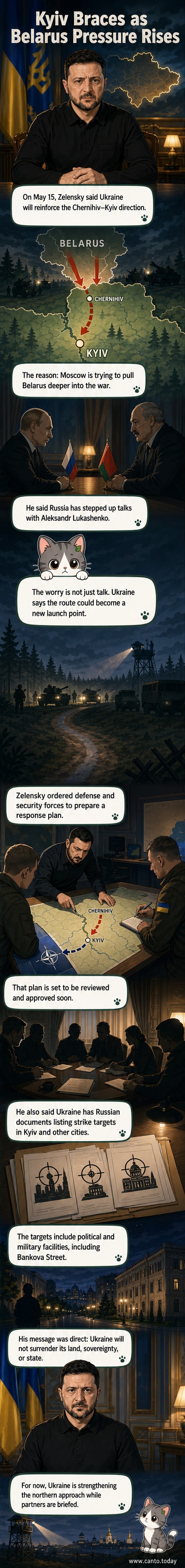 Illustrated map showing Ukrainian military reinforcements along the Chernihiv–Kyiv axis, with Russian and Belarusian border areas highlighted as potential threat zones.