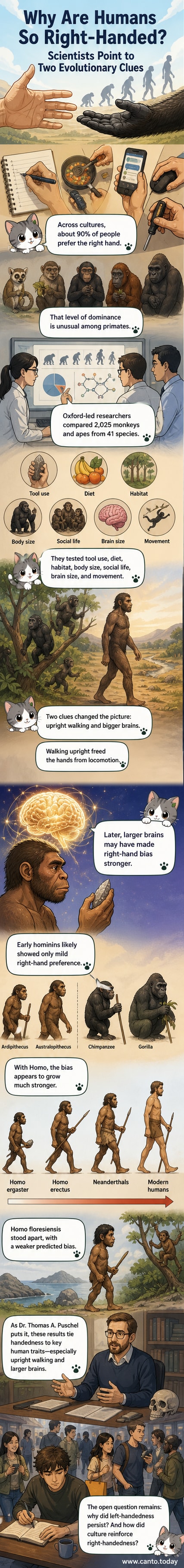 Illustrated timeline showing human evolution from early hominins to modern humans, highlighting the shift toward right-handedness alongside brain growth and upright posture.