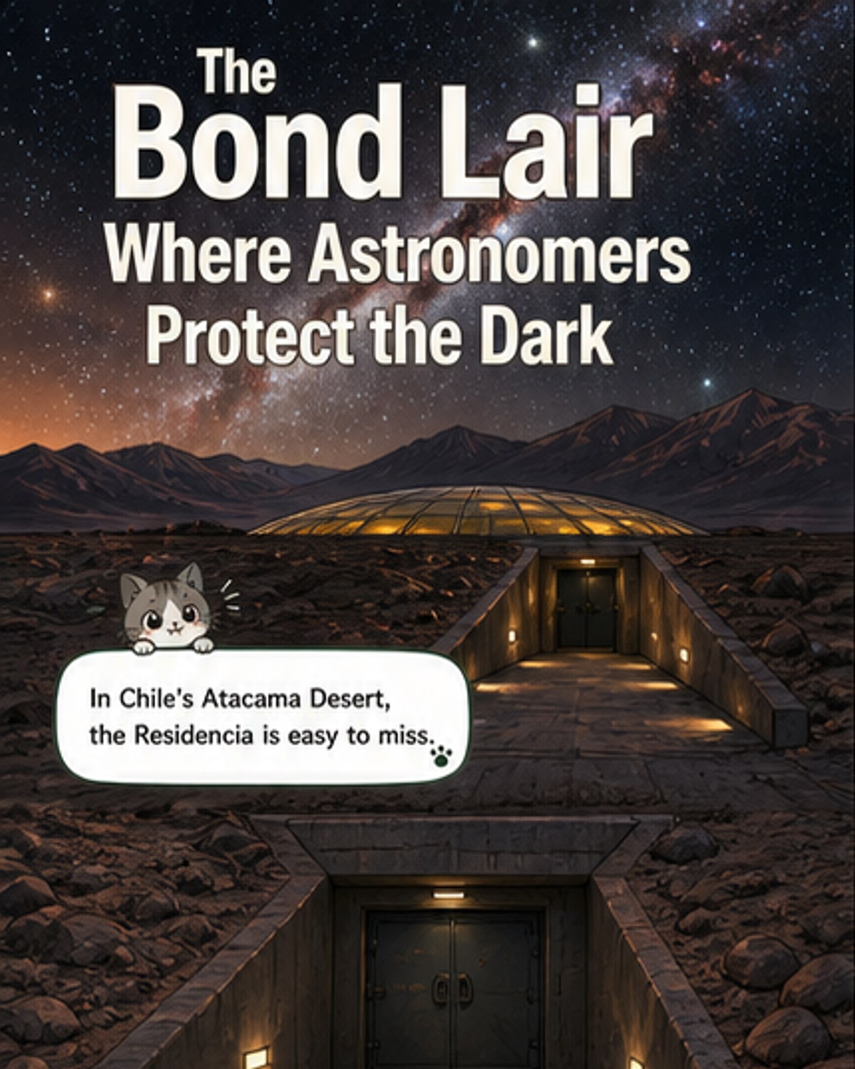 A futuristic dome-shaped building nestled in the rocky Atacama Desert, with a lush interior atrium visible through a glass ceiling, under a star-filled night sky.