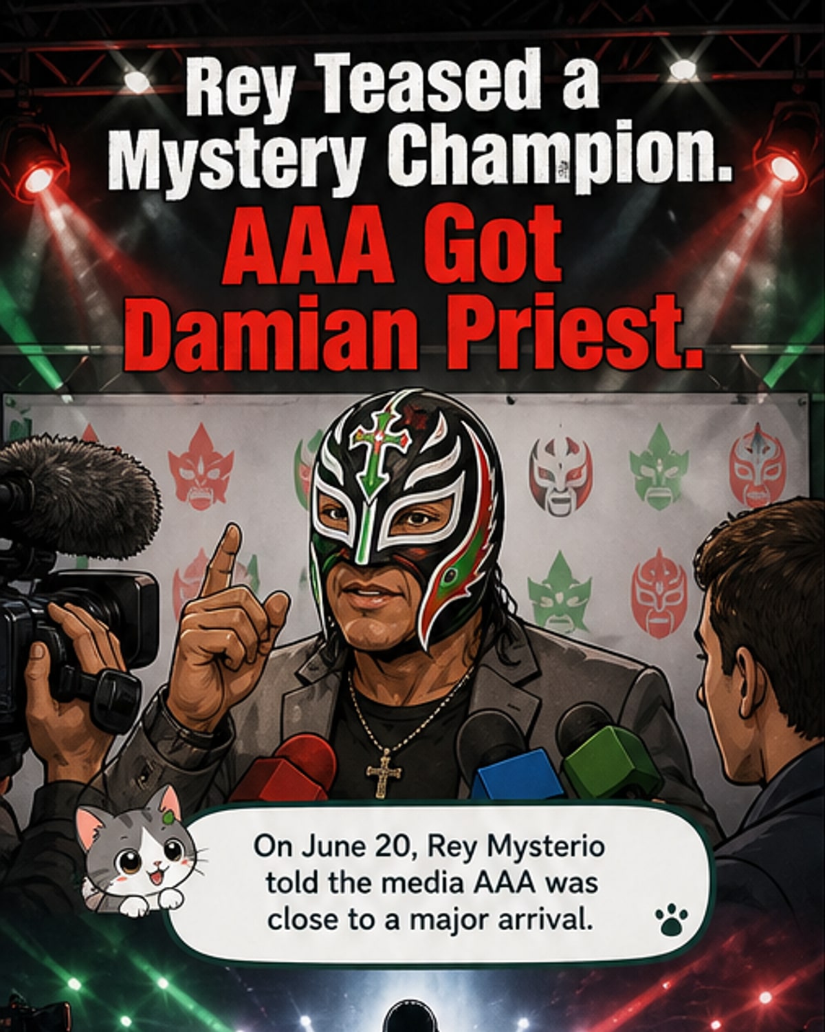 Illustration of Damian Priest standing in an AAA ring, wearing a mix of WWE and lucha libre gear, with Rey Mysterio and Lola Vice visible at ringside.