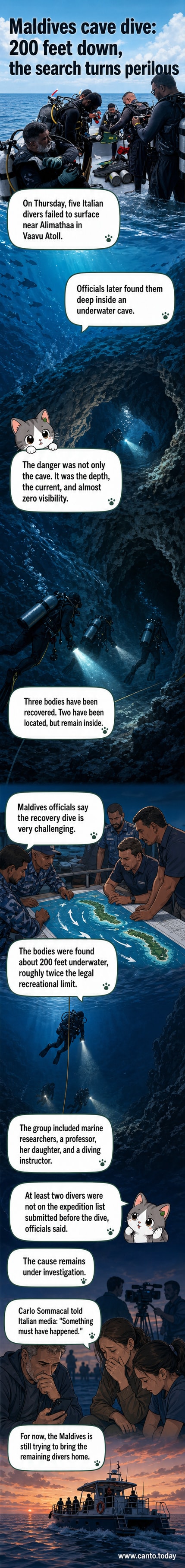 Divers preparing for a search mission near Alimathaa Island in the Maldives, with ocean and overcast sky in the background.