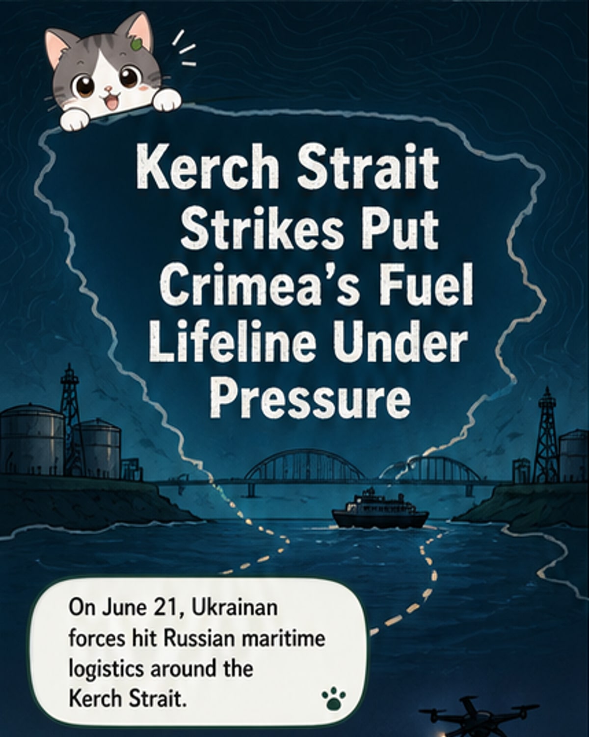 Illustrated map showing Ukrainian drone strikes on Russian fuel depots and air defenses around the Kerch Strait, with burning ferries and damaged infrastructure highlighted.