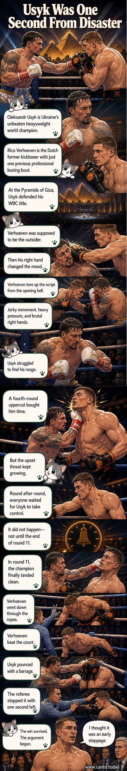 Boxers Oleksandr Usyk and Rico Verhoeven in the ring at the Pyramids of Giza, with Usyk throwing a punch as Verhoeven defends.