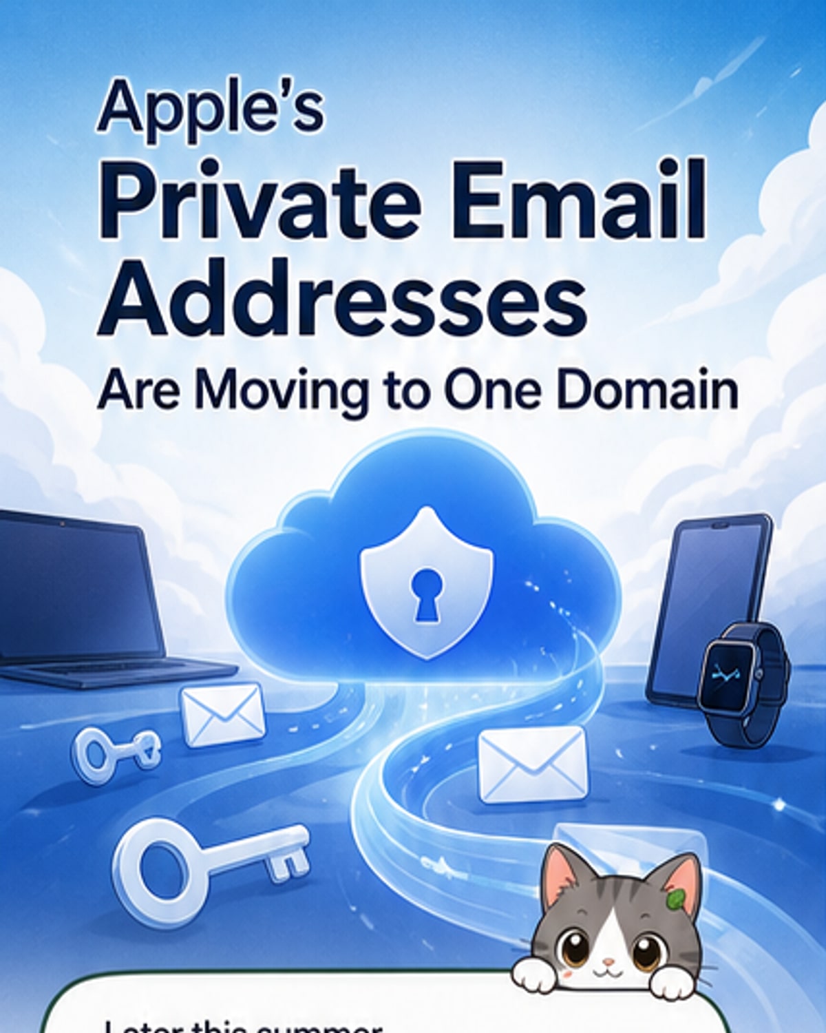 Illustration showing Apple's Sign in with Apple and Hide My Email services merging into a single email domain labeled private.icloud.com.