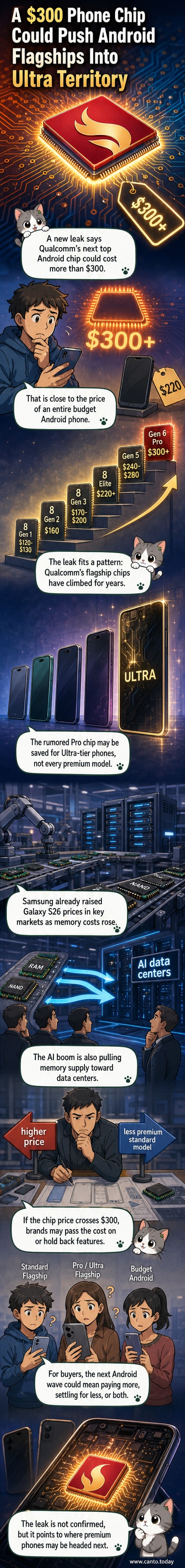 Illustration of a smartphone with a glowing high-end processor inside, surrounded by rising price tags and other phones priced at $300+