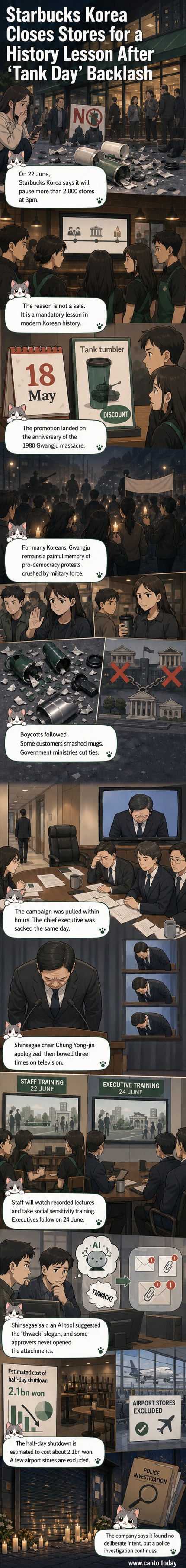 Illustration of a closed Starbucks store in Korea with a sign reading 'Closed for History Training', while a crowd protests nearby holding broken mugs and signs referencing the Gwangju massacre.