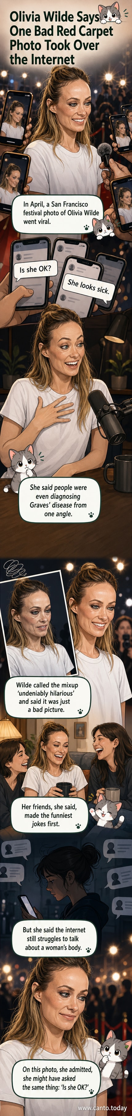 Illustration of Olivia Wilde smiling confidently on a red carpet, with a thought bubble showing exaggerated online comments about her appearance.