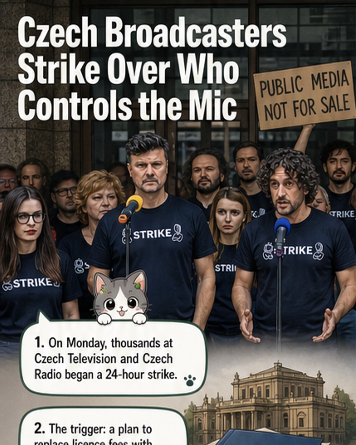 Illustration of Czech public broadcasters on strike, with protest signs highlighting concerns over funding cuts and media independence.