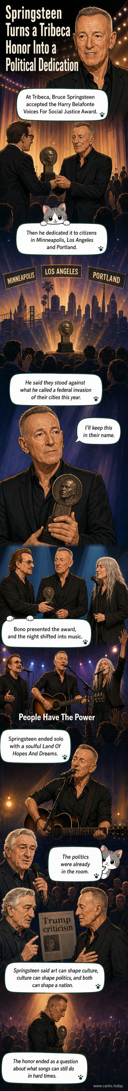Bruce Springsteen on stage at the Tribeca Festival, accepting an award under warm stage lights, with Bono and Patti Smith beside him.