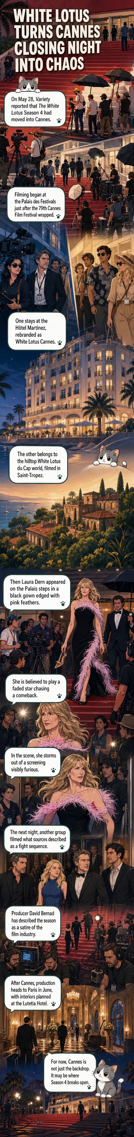 Laura Dern walks down the steps of the Palais des Festivals in Cannes, holding her shoes, wearing a black strapless gown with pink feather detailing, on the set of 'The White Lotus.'