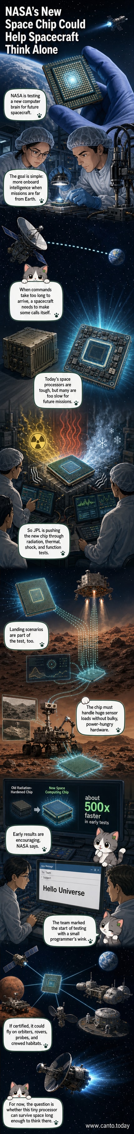 Illustration of a spacecraft in deep space with a glowing computer chip inside, symbolizing advanced onboard intelligence and autonomous decision-making.