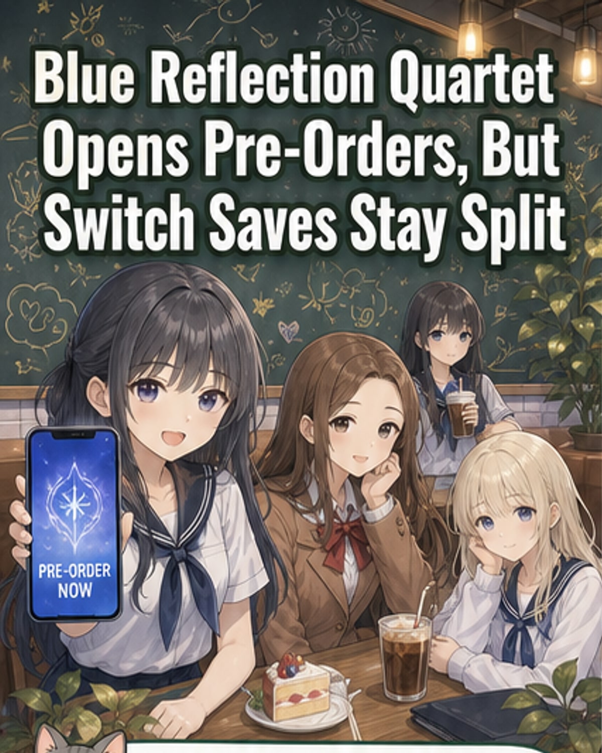 Blue Reflection Quartet compilation cover art showing stylized female characters with magical themes and glowing effects.