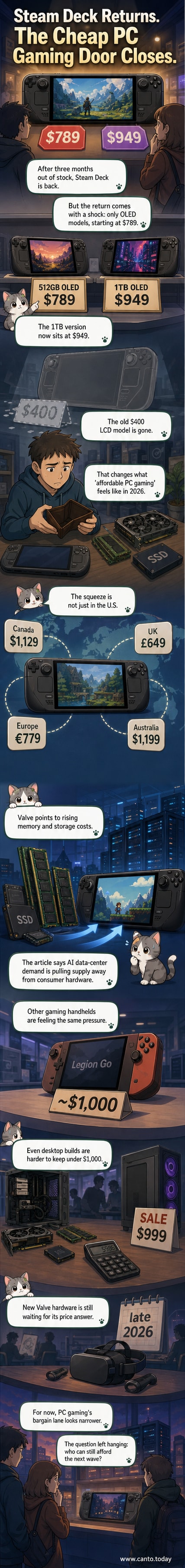 A Steam Deck OLED model on a dark background, with price tags showing $789 and $949 floating nearby, symbolizing the increased cost of entry for portable PC gaming.