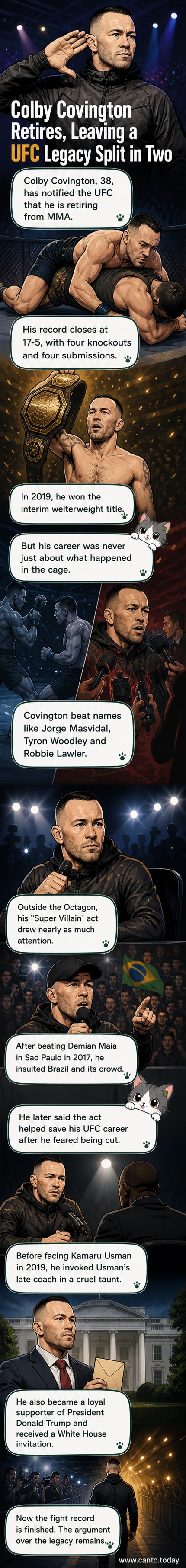 Illustration of Colby Covington in UFC fight gear, standing in the Octagon with a dramatic spotlight, referencing his 'Super Villain' persona.