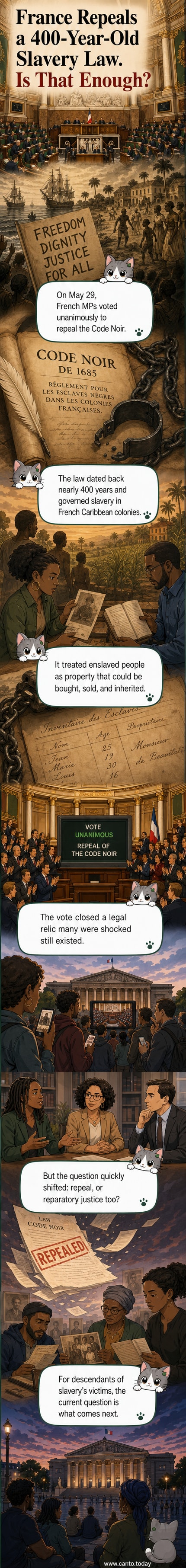 An illustrated panel showing a torn historical document labeled 'Code Noir' floating above modern French lawmakers, with a Caribbean island skyline in the distance.