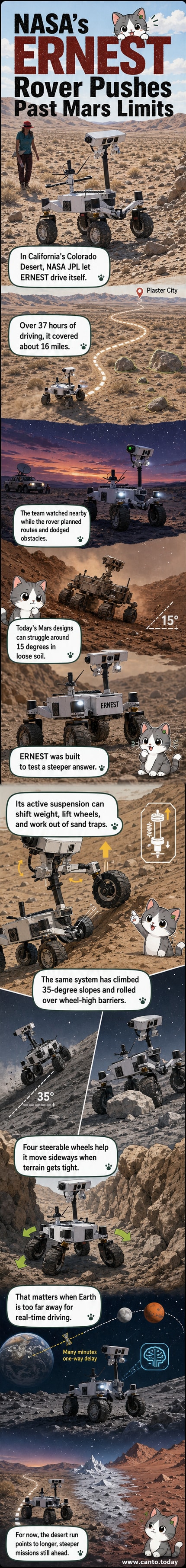 A small, four-wheeled robotic rover with wire mesh wheels navigating a rocky desert landscape under a clear sky, simulating lunar or Martian terrain.